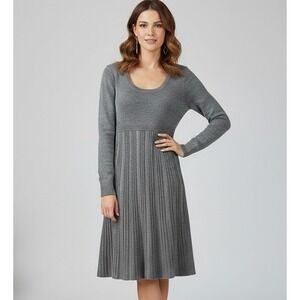 VENUS M Gray‎ Knit Midi Sweater Dress Ribbed Fit & Flare Long Sleeve Office Chic